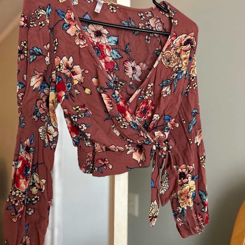 Floral Wrap Blouse - dark blush